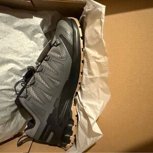 Salomon Grey and Black Trail Running Shoe with Tan Outsole